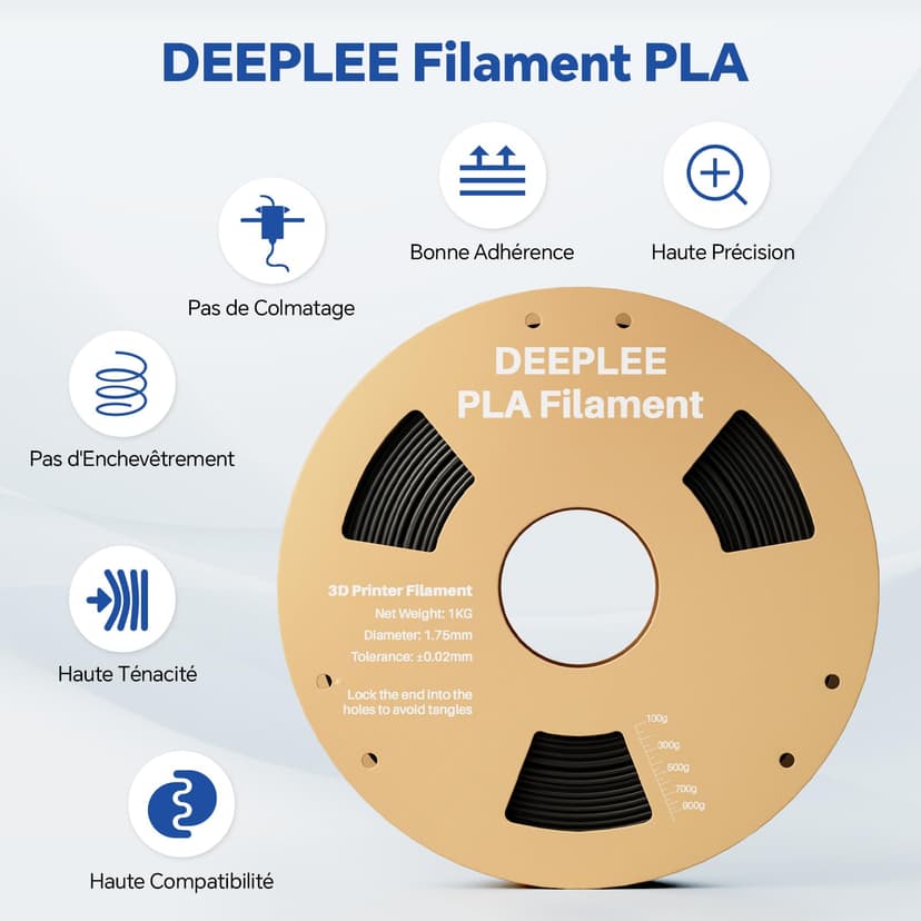 DEEPLEE PLA Filament 1.75mm, 1kg Spool Black. Accuracy ±0.2mm, Perfect Winding, No Jams. Compatible with FDM 3D Printers - 2