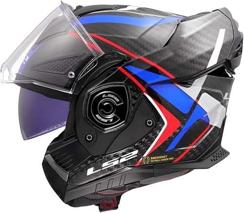 LS2 FF901 Advant X Carbon Black Modular 180° Flip Front Dual Visor Full Face Motorbike Helmet Sport. ECE 22.06 Certified. Pinlock and Backpack Carry Bag - FUTURE II - WHITE BLUE RED - L