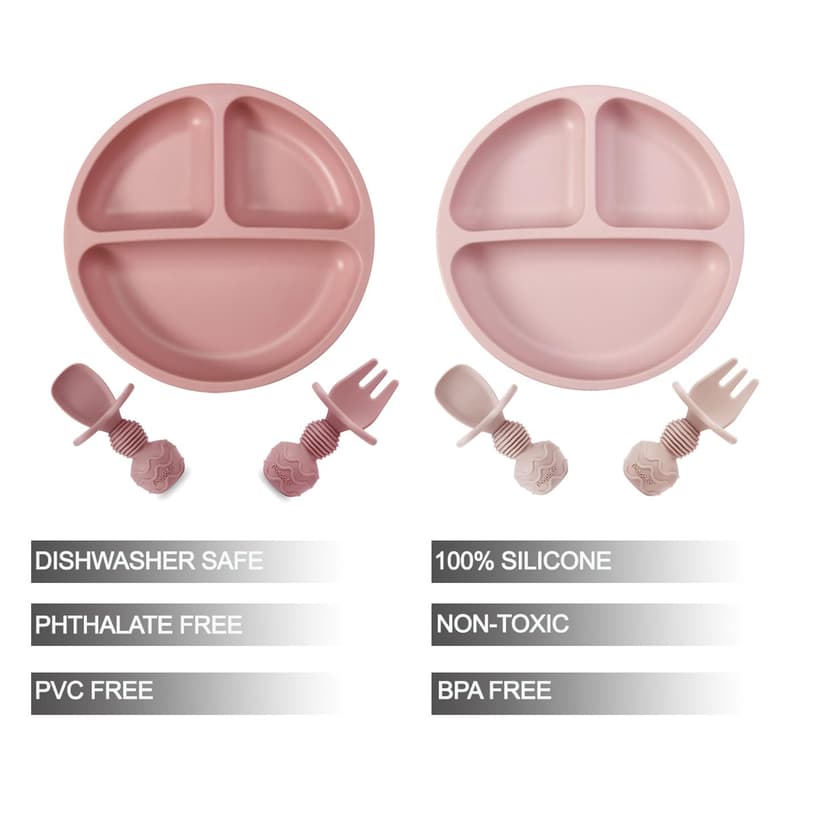 PandaEar 2 Pack Silicone Baby Suction Plates with 2 Spoons 2 Forks for Weaning Girls, Sectioned Divided Baby Weaning Plates, Toddler Dinner Plates Set for Toddlers Kids Childrens, BPA-Free, Pink - 2