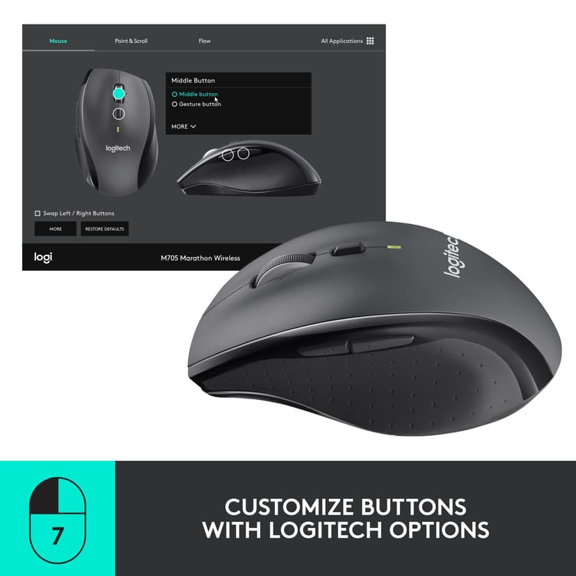 Logitech M705 Marathon Wireless Mouse, 2.4 GHz with USB Unifying Mini-Receiver, 1000 DPI Laser Grade Tracking, 7-Buttons, Extra Thumb Buttons, 3-Year Battery Life, PC / Mac / Laptop - Black - 4