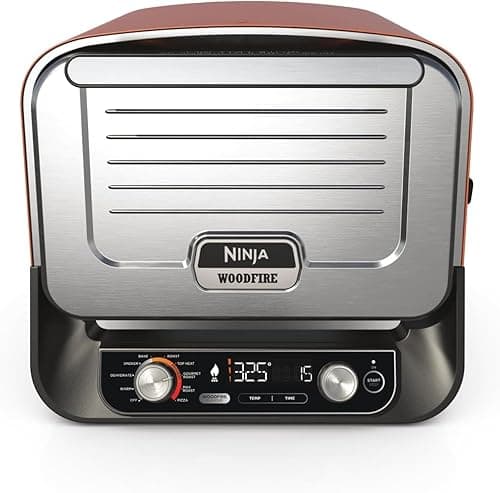 Ninja Woodfire Four à pizza extérieur électrique 8-en-1, rotissoire & fumoir barbecue avec grille, plaque pro-heat, pierre à pizza, granulés de bois et pelle, 6 réglages, orange foncé OO101EU