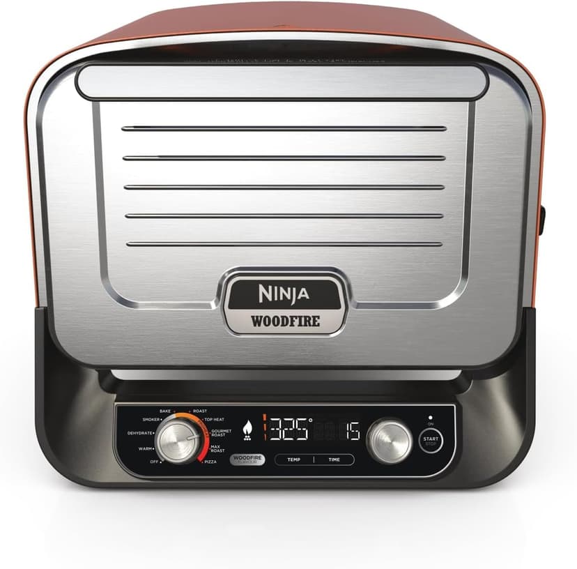 Ninja Woodfire Four à pizza extérieur électrique 8-en-1, rotissoire & fumoir barbecue avec grille, plaque pro-heat, pierre à pizza, granulés de bois et pelle, 6 réglages, orange foncé OO101EU - 1