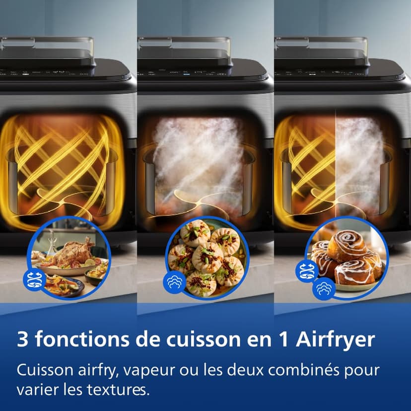 Philips Airfryer Série 5000 - Air Fryer double panier avec cuisson vapeur, 9L, RapidAir, 19 modes de cuisson, jusqu'à 90% de matières grasses en moins, AirSteam, nettoyage vapeur, HomeID (NA555/00) - 4
