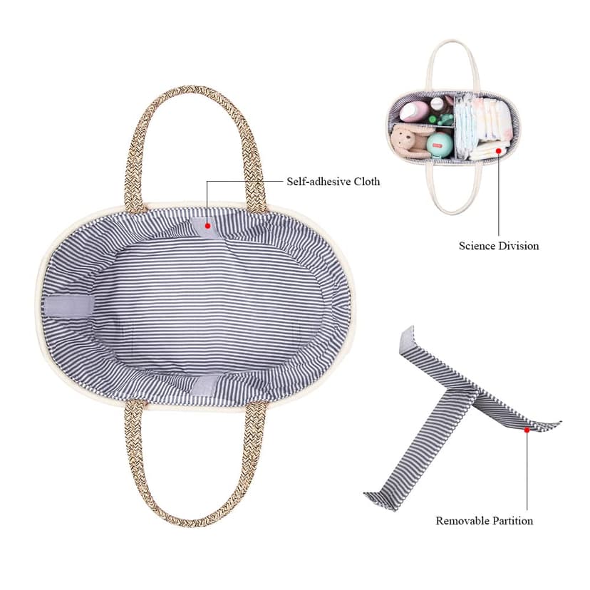 YEONHWA Boîte de rangement pour couches de bébé, panier de rangement en coton pour bébé en corde tissée, poignée portable avec grande boîte de rangement pour vestiaire, beige - 3