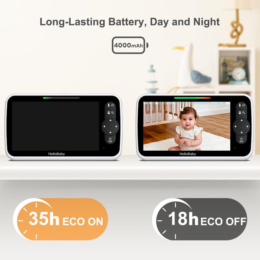 HelloBaby Moniteur Vidéo Bébé 6 Pouces, Grand Écran avec Caméra et Audio, Batterie 4000mAh Mode ECO, Vision Nocturne, sans WiFi, Communication Bidirectionnelle 8 Berceuses, Caméra PTZ à Distance - 3