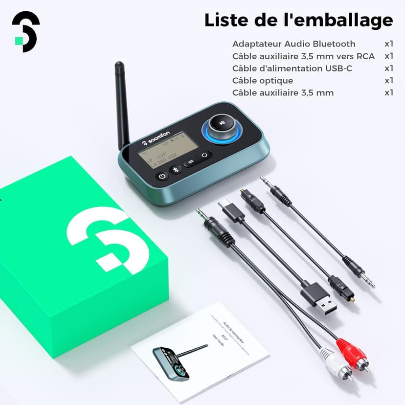 SOOMFON Émetteur Recepteur Bluetooth 5.0 avec Écran LCD, 3 en 1 Adaptateur Audio AUX/RCA/Jack 3.5mm/Optique, Transmetteur Récepteur Bluetooth Connexion Double pour TV, Casque, Enceintes - 8