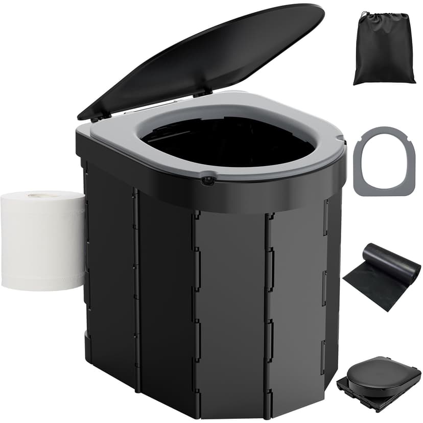 WADEO Portable Camping Toilet, Foldable Heavy Duty Travel Toilet for Adults, Sturdy 400lbs Capacity, Compact Car & Van Toilet with Lid & Bags for Camping, Hiking, Road Trips (Black + Seat Cushion) - 1