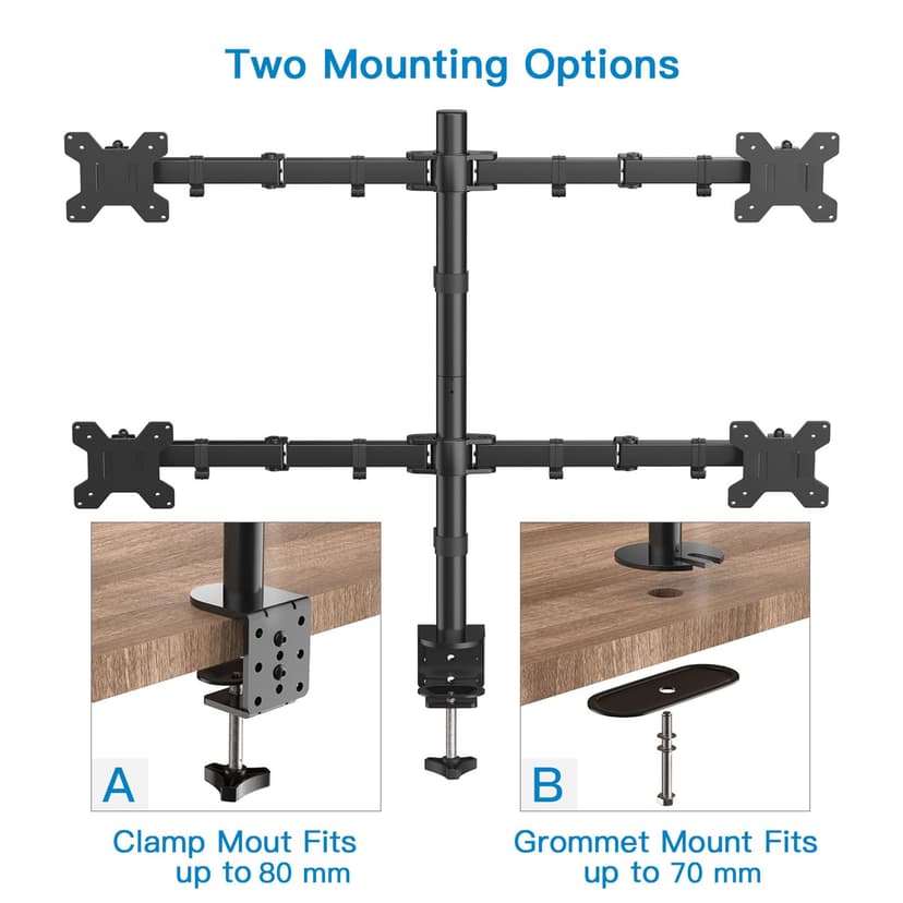 HUANUO Quad Computer Monitor Mount - Heavy Duty LCD Computer 4 Monitor Stand with Full Articulation, Fits Four Screens up to 27 Inches - Each Arm Holds up to 10kg, VESA 75x75-100x100mm Gaming - 5