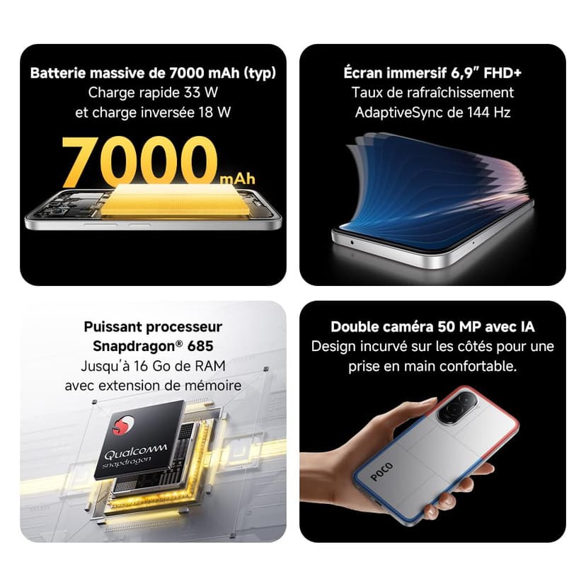 XIAOMI POCO M7 - Smartphone de 8+256GB, Cámara Dual de 50MP con AI, Pantalla inmersiva de 6,9” FHD+, Snapdragon 685, Carga rápida de 33W y Reversible de 18W, Cargador no Incluido, Plata (Versión ES) - 4