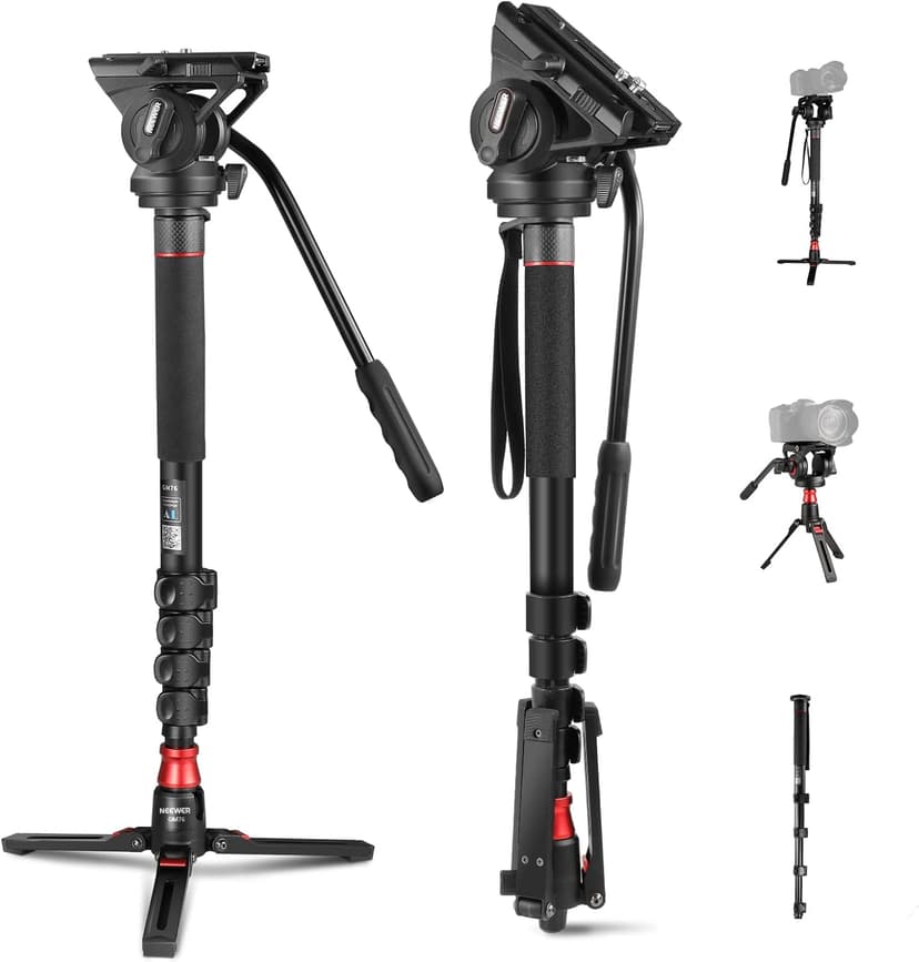 NEEWER GM76 Monopode professionnel pour appareil photo avec pieds, télescopique, portable, en aluminium, tête fluide, inclinable, pied amovible, pour appareil photo reflex numérique, charge maximale 6 - 1