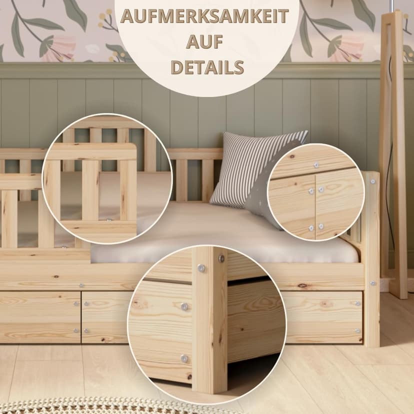 Crazy Pine Lit Enfant avec Tiroirs 190x90 cm – Montessori au Sol en Bois Massif avec Barrière – Sécurisé pour Tout-Petit – Design Scandinave, Montage Facile - Crazy Basic - 9