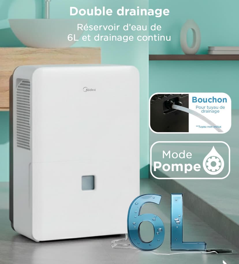 MIDEA Déshumidificateur d air Anti Moisissure intérieur 50 L/Jour | Réservoir amovible 6L, APP/Wifi, Mode Confort, Minuterie 24H | Déshumidificateur industriel de grande capacité jusqu’à 120m²/300 m³ - 6