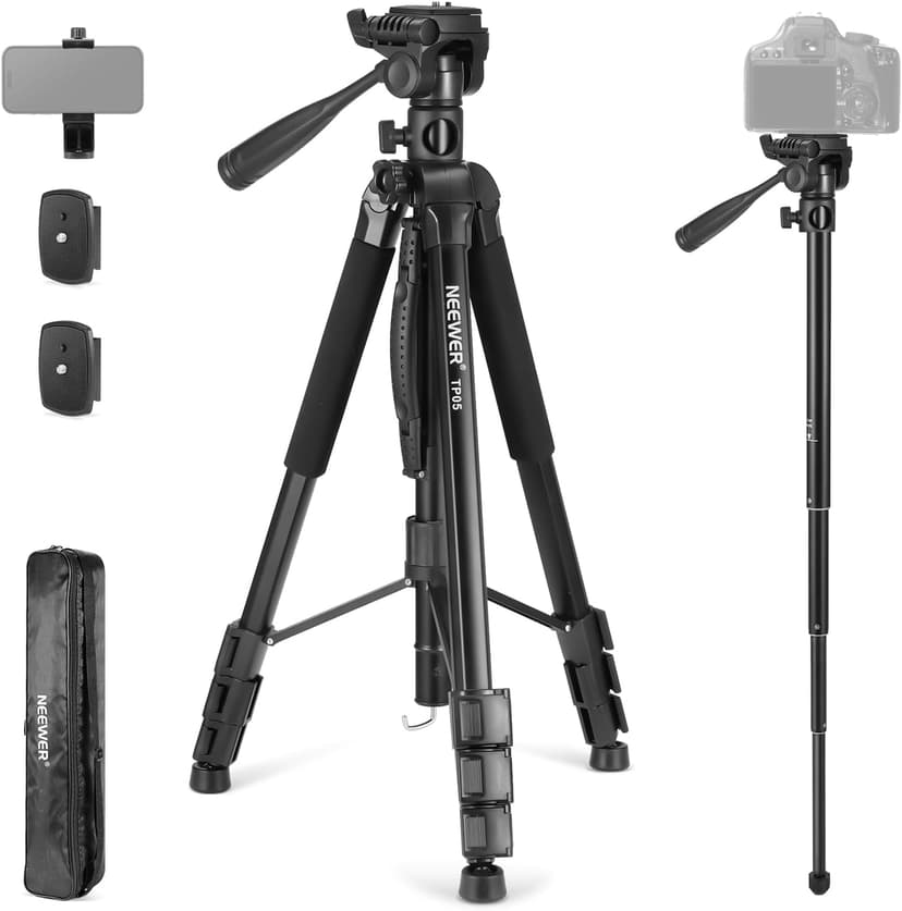 NEEWER Basics TP05 74" Video Tripod Monopod, 3 Way Pan Tilt Head Holder Compatible with DSLR, Travel Recording Stand, Overhead Camera Mount, Crossbar, 17.6lb Load - 1