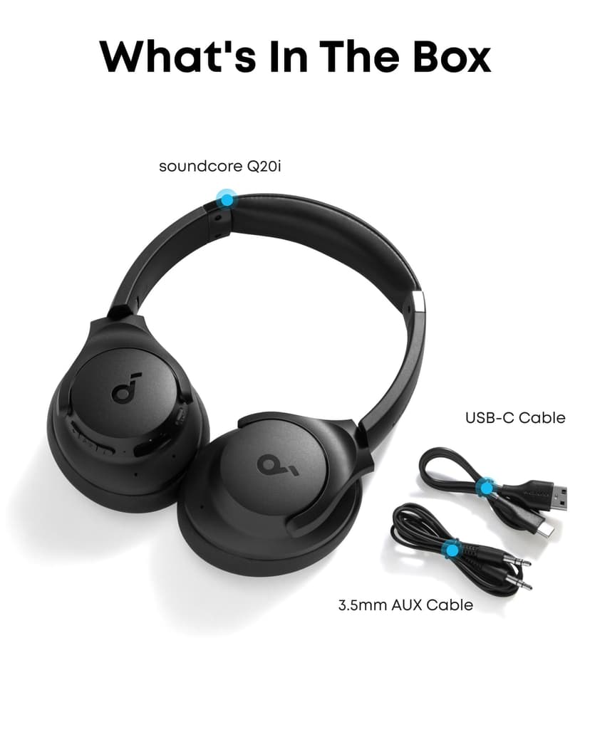 soundcore by Anker Q20i Hybrid Active Noise Cancelling Foldable Headphones, Wireless Over-Ear Bluetooth, 40H Long ANC Playtime, Hi-Res Audio, Big Bass, Customize via an App, Transparency Mode (Black) - 9