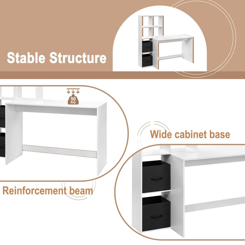 WOLTU Desk with Bookcase, Office Desk, Bookcase with 6 Open Compartments and 2 TNT Boxes, Computer Desk, Study, Bedroom, 140.5 x 50 x 134 cm, Wood, White, TS184ws - 3