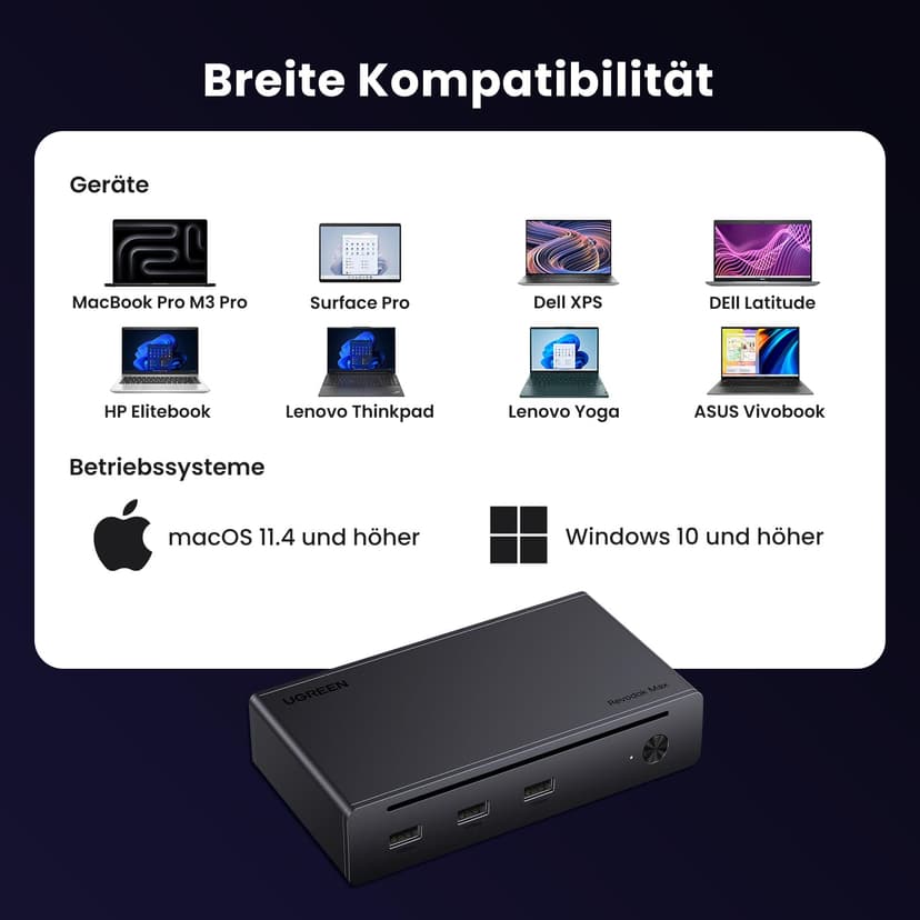UGREEN Revodok MAX 208 Docking Station Thunderbolt 4 8 In 1 Dual Display 4K60Hz 8K30Hz Hub USB C 3.2 10Gbps Dock USB C Ethernet RJ45 Gigabit Power DC 140W - 9