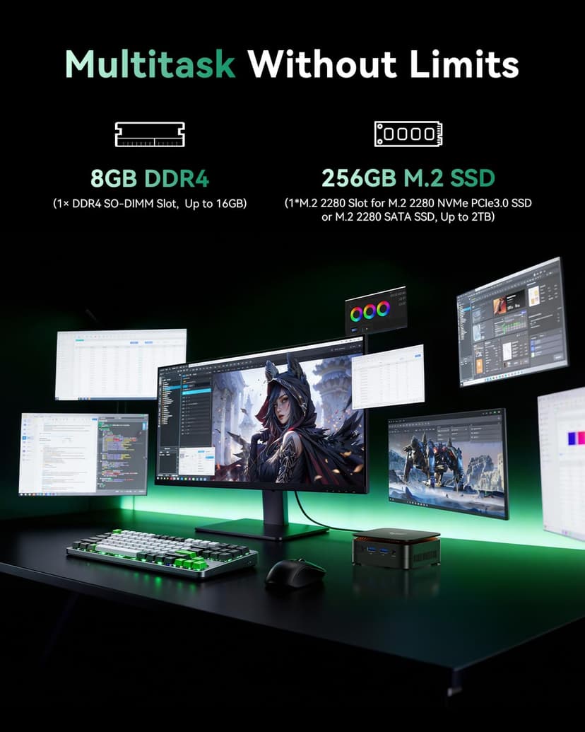 NiPoGi Essenx E1 Mini PC AMD Ryzen 3250U Windows 11 Pro (2C/4T, up to 3.5 GHz) 8GB DDR4 RAM + 256GB SSD, 4K@60Hz dual display HDMI 2.0 + DP/Wi-Fi/BT/LAN, mini computer for office/education - 5