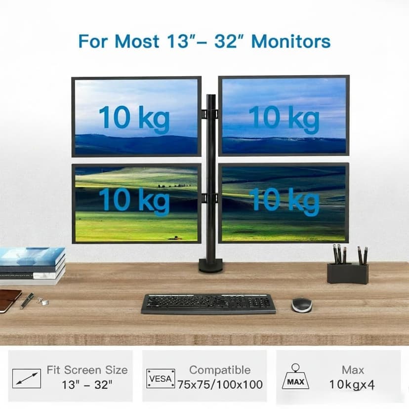 HUANUO Quad Computer Monitor Mount - Heavy Duty LCD Computer 4 Monitor Stand with Full Articulation, Fits Four Screens up to 27 Inches - Each Arm Holds up to 10kg, VESA 75x75-100x100mm Gaming - 2