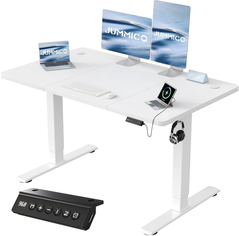 JUMMICO 120x60cm Electric Standing Desk with USB Charging Height Adjustable Desk with Sedentary Reminder Stand Up Desk with Splice Board for Home Office,White - 1