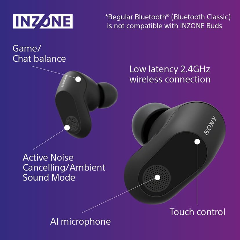 Sony INZONE Buds - True Wireless Gaming Earbuds, 360 Spatial Sound, Light Weight, Comfortable Fit, Active Noise Cancelling, AI Microphone, 24hr Battery, Low Latency Dongle, PC & PS5 Compatible - Black - 5