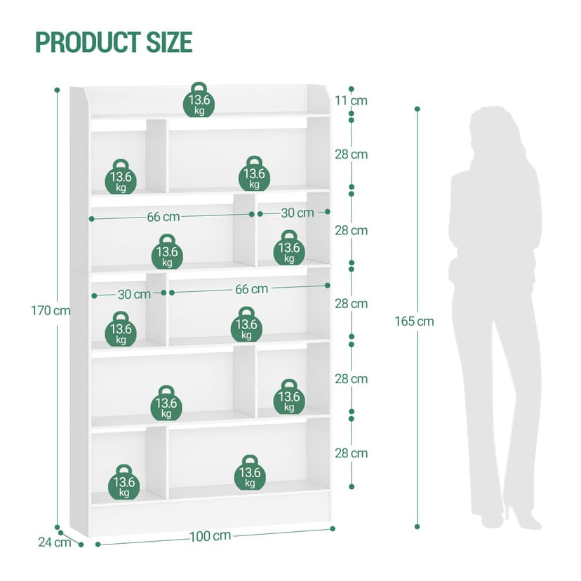Hzuaneri Bookcase Bookcase with 6 Compartments Storage Shelf Standing Shelf for Living Room Office Bedroom 24 x 100 x 170 cm White BC64403X - 6