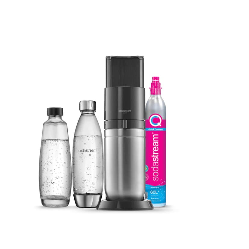 Sodastream Duo Sparkling Water and Soda Machine for Glass Jug | Pack of 1 Glass Jug 1L + 1 Bottle 1L Stainless Steel Finish Dishwasher + 1 60L Gas Refill Clip | Black - 1