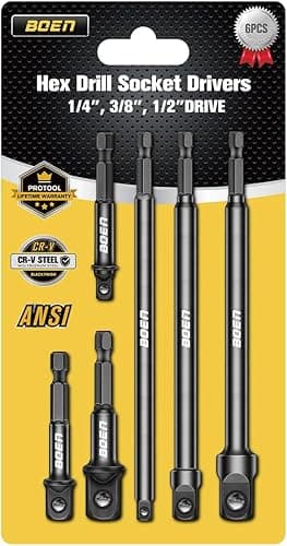 6 Piece Impact Socket Adapter Set, 3" & 6" Hex Extension, 1/4", 3/8", 1/2" Drive, for Power Drill and High Torque Impact Wrench