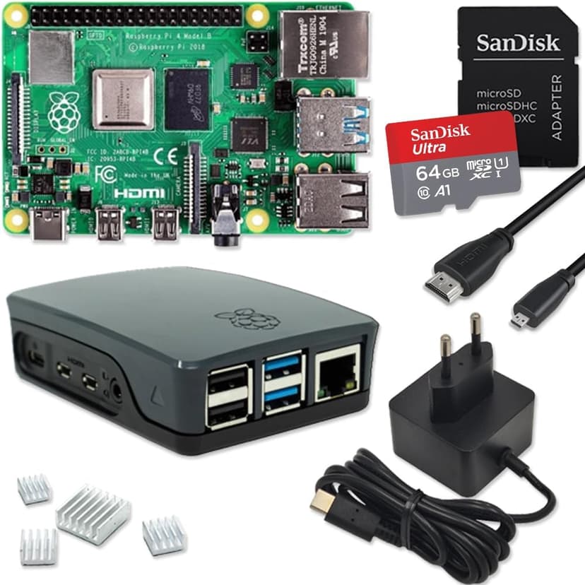 Raspberry Pi 4 Kit de démarrage 8 Go | Carte Micro SD Ultra 64 Go | Bloc d'alimentation USB-C 15 W | Boîtier noir | Câble Micro HDMI 4K | Kit de dissipateur thermique | Raspberry Pi 4 modèle B 8 Go de - 1