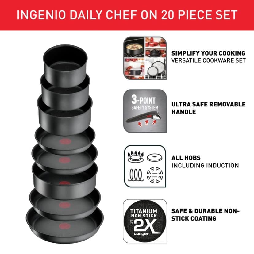 Tefal Ingenio Daily Chef On 20 Piece Set, Pots & Pans Set, Stackable, Easy Cleaning, Non-Stick Coating, Removable Handle, Heat Indicator, All hobs Compatible Including Induction, L7619402 - 3