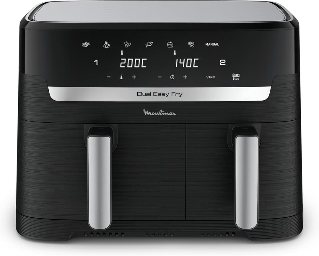 Moulinex Friteuse sans huile, Capacité 8,3 L, Jusqu'à 8 personnes, 7 programmes automatiques, Ecran tactile digital, Économie d'énergie, Air Fryer, Application dédiée, Easy Fry Dual EZ901820