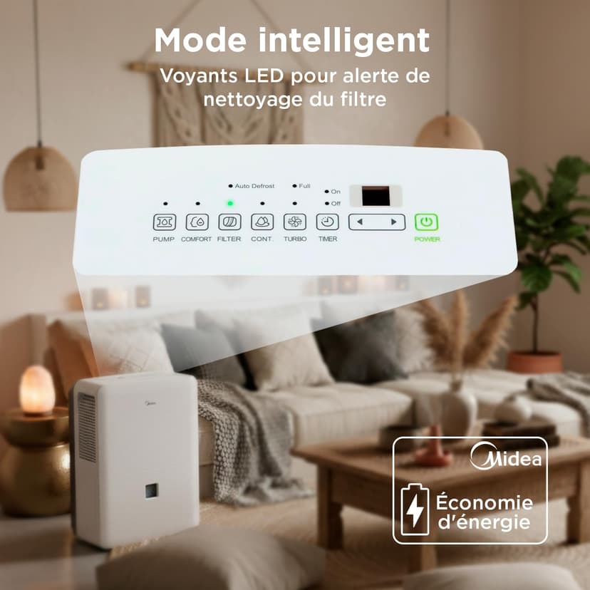 MIDEA Déshumidificateur d air Anti Moisissure intérieur 50 L/Jour | Réservoir amovible 6L, APP/Wifi, Mode Confort, Minuterie 24H | Déshumidificateur industriel de grande capacité jusqu’à 120m²/300 m³ - 8