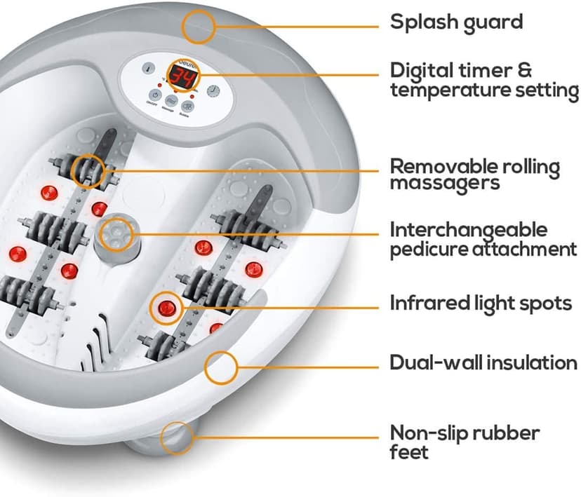 Beurer FB50 Bain de Pieds Relaxant, Balnéothérapie avec Accessoires de Pédicure, Chauffage de l'eau, Massage Vibrant à Bulles, Points de lumière Infrarouge et Thérapie par Champs Magnétiques - 7