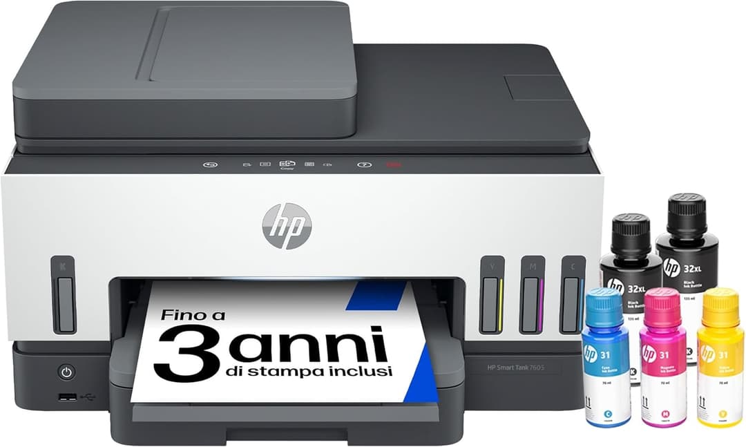 HP Smart Tank 7605 28C02A, Stampante Multifunzione a Colori, Serbatoio d'Inchiostro ad Alto Volume di Stampa, Fino a 12000 Pagine (Nero) e 8000 Pagine (Colore), F/R Automatica, Wi-Fi, Grigia