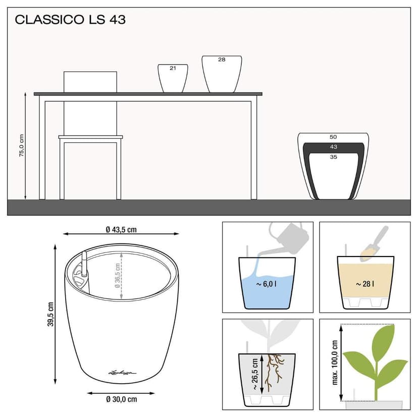 Lechuza Self Watering Plant Pot CLASSICO 43 LS Garden Flower Indoor and Outdoor Plastic Planter with Drainage Hole D43 H40 cm Charcoal Metallic - 7