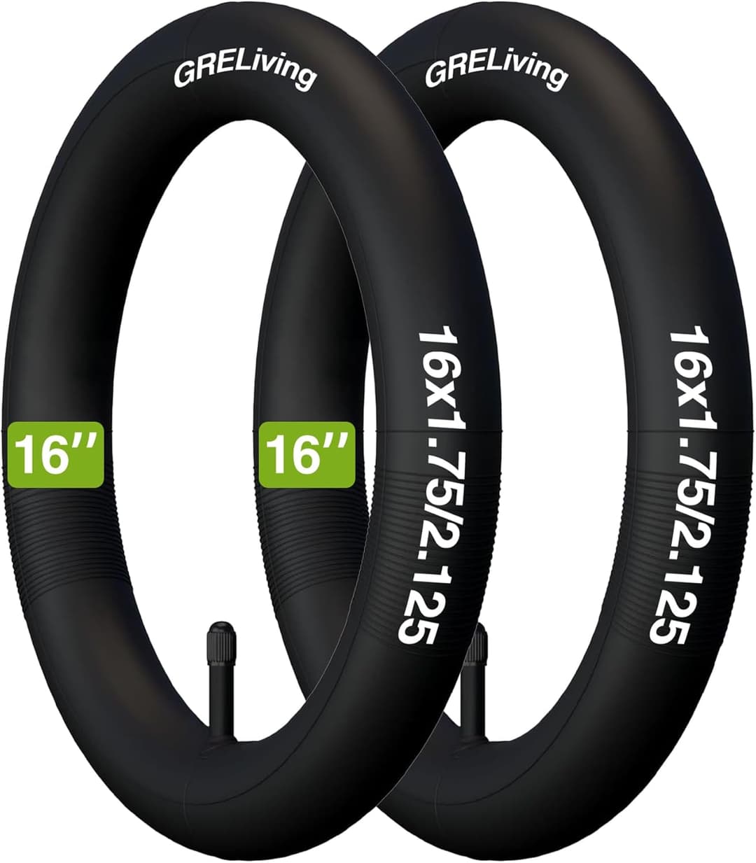 GRELiving Pack of 2 16 inch inner tubes, 16 x 1.75/2.125, Schrader valve, Black, Bicycle inner tube