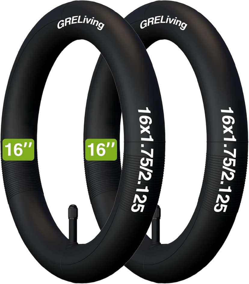 GRELiving Pack of 2 16 inch inner tubes, 16 x 1.75/2.125, Schrader valve, Black, Bicycle inner tube - 1