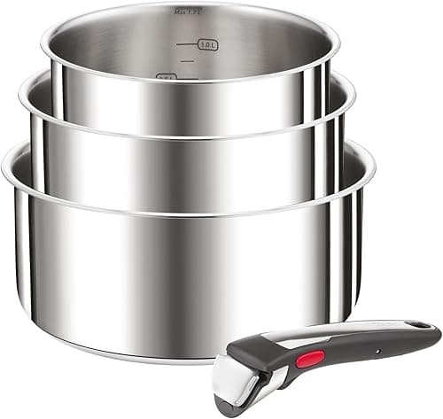 Tefal Ingenio Set of 4 Pieces, 16/18/20 cm Pans + 1 Removable Handle, Induction, Stainless Steel, Stackable, Space Saving, Made in China, Preference On L898S334
