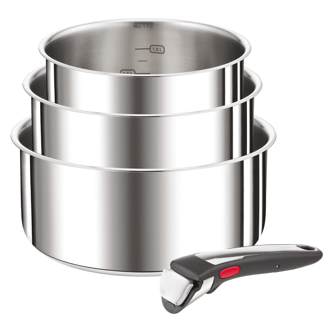 Tefal Ingenio Set of 4 Pieces, 16/18/20 cm Pans + 1 Removable Handle, Induction, Stainless Steel, Stackable, Space Saving, Made in China, Preference On L898S334