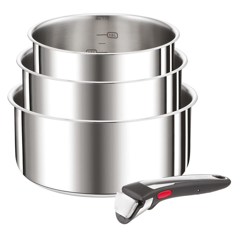 Tefal Ingenio Set of 4 Pieces, 16/18/20 cm Pans + 1 Removable Handle, Induction, Stainless Steel, Stackable, Space Saving, Made in China, Preference On L898S334 - 1