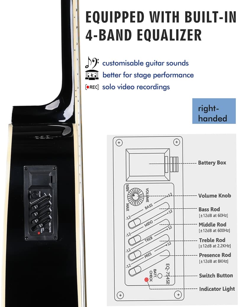 Winzz 4/4 Electro-Acoustic Guitar, Western Guitar Set for Adults and Beginners, Acoustic Guitar 41 Inch with 4-Band Equaliser (Dreadnought, Glossy, Black) - 5