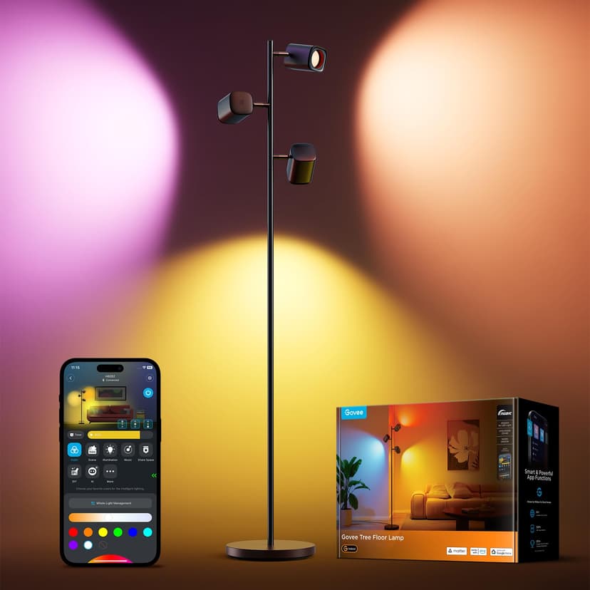Govee Tree LED Floor Lamp, RGBWW 3-Head Focus Adjustable Standing Corner Lamp, Work with Matter Alexa, 64+ Scenes, Music Sync, 157cm Black Floor Lamps for Living Room, Bedroom, Reading Room - 1