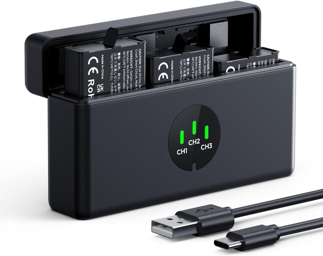 K&F CONCEPT 3 Pack Osmo Action 5 Pro Battery and Charger Set, Compatible with DJI Osmo 360 Action 6 Action 5 Pro Action 4 Action 3 Cameras, 2100mAh battery and USB C Fast Charging Case