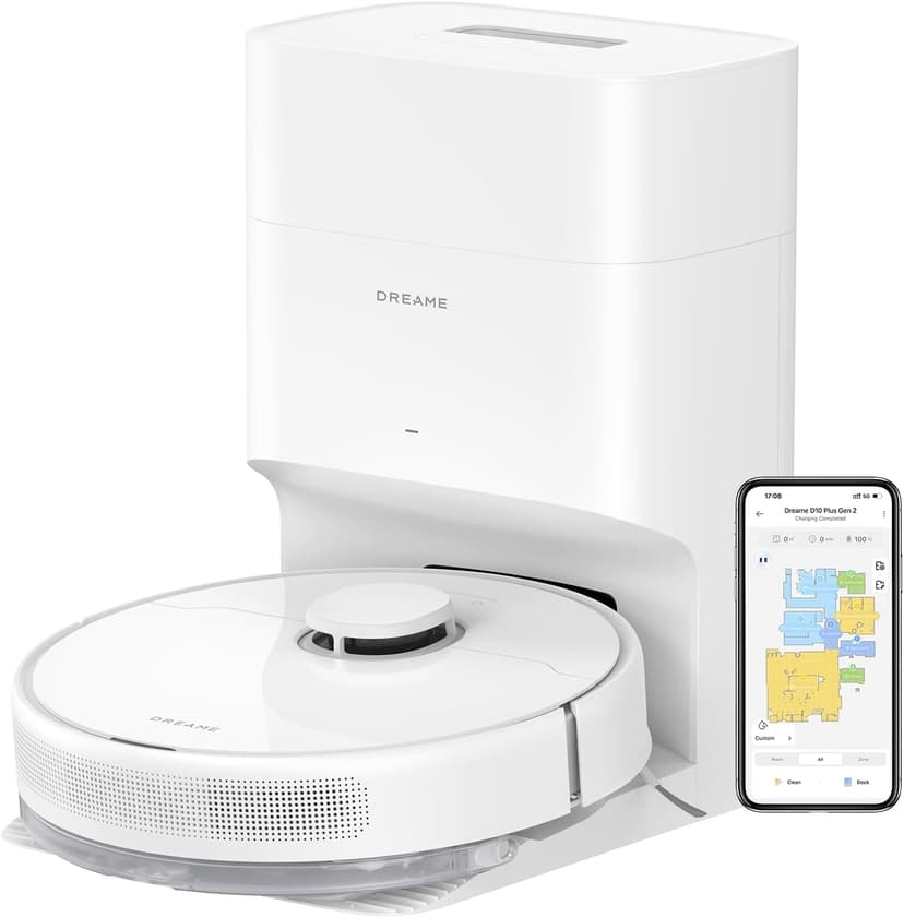 dreame D10 Plus Gen 2 Robot Aspirateur Laveur avec Vidange Automatique Poussière, Stocke jusqu'à 90 Jours de Poussière, Navigation LiDAR, Aspiration 6000Pa Tapis et Poils d'animaux, Batterie 285 Min - 1