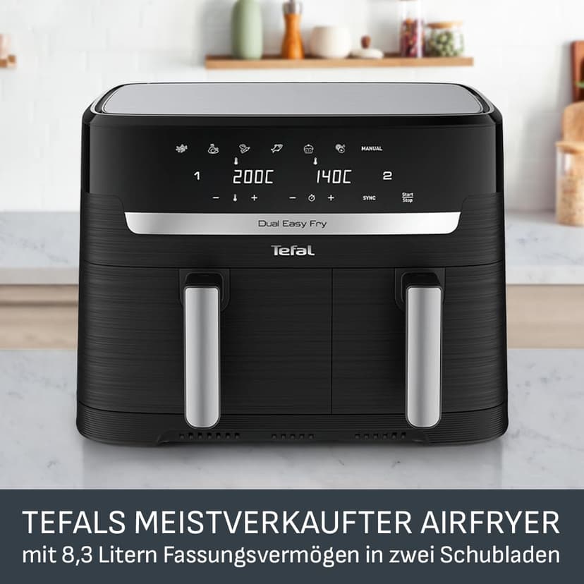 Tefal Dual Fryer without oil, 8.3 L capacity, 2 drawers of 5.2 L and 3.1 L, 7 automatic programs, digital screen, air fryer EY901810 - 2