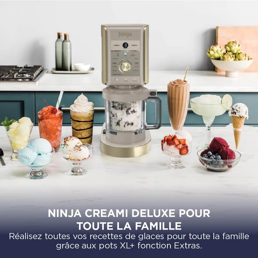 Ninja CREAMi Deluxe Machine a glace et sorbetière, 2 bacs, 10 fonctions, crème glacée, yaourts glacés, des milkshakes, des slush, Pièces amovibles lavables au lave-vaisselle, Stone/Or NC502EUSTGD - 4