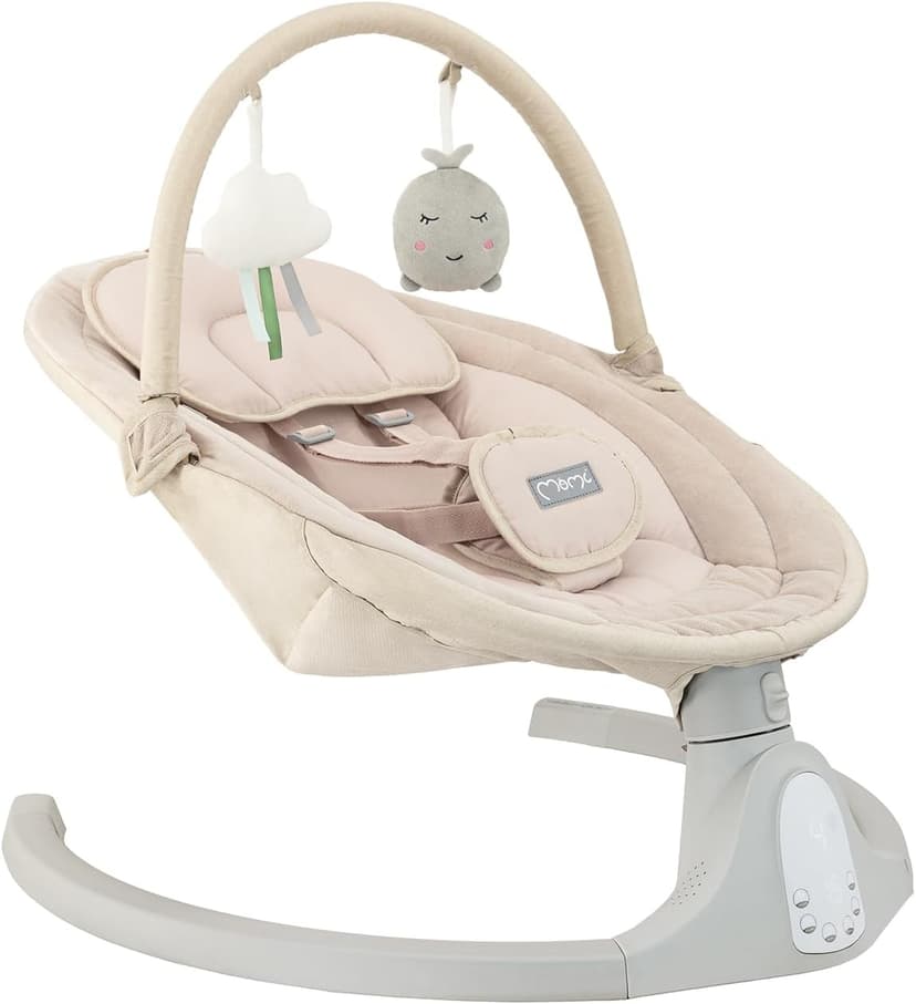 Balancelle MoMi KENANI SAND jusqu'à 9 kg, écran LED, télécommande, Bluetooth pour smartphone, alimentation piles/secteur, harnais de sécurité 5 points, arche et jouets - 1