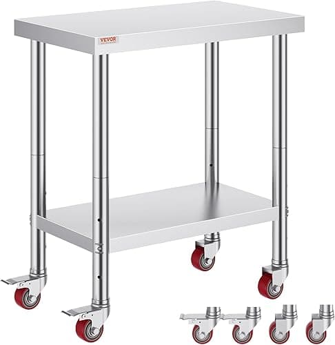 VEVOR Work Table 30 x 18 x 34 Inches Stainless Steel Catering Work Table 100 kg for Load Capacity Food Preparation Table Commercial Work Table for Kitchen Bar Restaurant 4 Adjustable Feet, Metallic