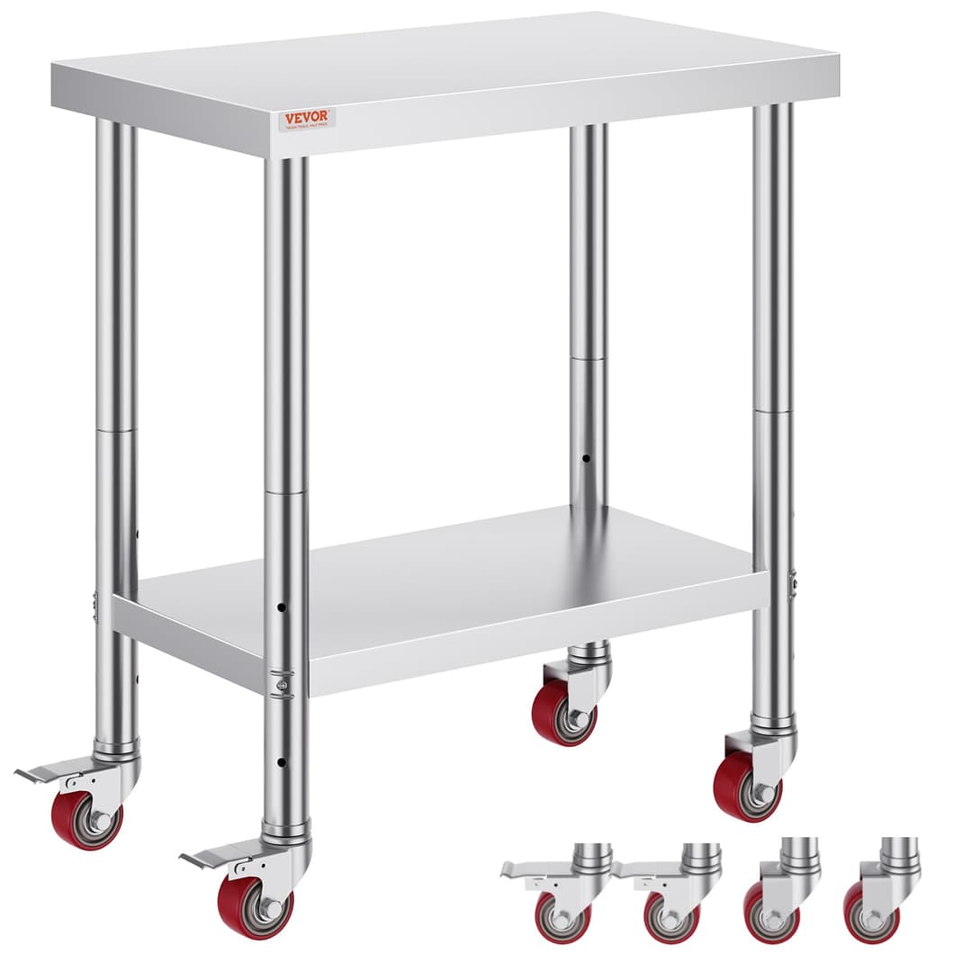 VEVOR Work Table 30 x 18 x 34 Inches Stainless Steel Catering Work Table 100 kg for Load Capacity Food Preparation Table Commercial Work Table for Kitchen Bar Restaurant 4 Adjustable Feet, Metallic