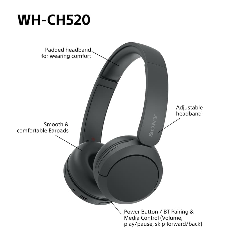 Sony WH-CH520 Wireless Bluetooth On-Ear Headphones, Lightweight Design, Up to 50hr Battery Life, Quick Charge, EQ, Clear Call Quality, iOS & Android - Black - 8