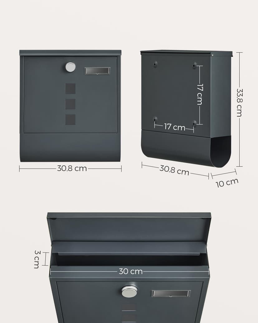 SONGMICS GMB20AG Wall-Mounted Post Box with Lock with Rotating Lid, Viewing Window, Name Holder, Newspaper Compartment, Easy Assembly, 10 x 30.8 x 33.8 cm, Charcoal Grey - 6